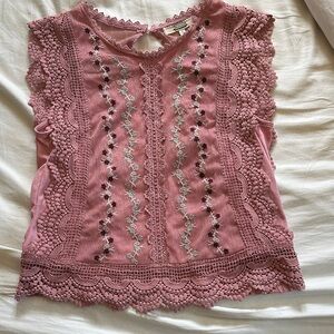 gimmicks by BKE Mauve Pink Embroidered Crochet Sleeveless Top